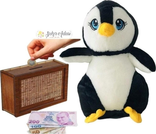Sevimli Penguen 28 Cm Peluş Oyuncak Ve Ahşap 10.000 Hedefli Kumbara Para Biriktirme Kutusu
