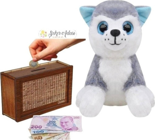 Sevimli Sibirya Kurt Köpek Husky 20 Cm Peluş Ve Ahşap Hedefli Kumbara Para Biriktirme Kutusu