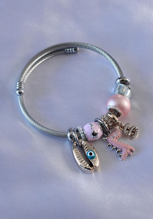 Pembe Dinazor Figür Deniz Kabuğu Detay Zirkon Taşlı Charm Model Kadın Bileklik