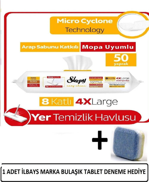 Easy Clean Arap Sabunu Katkılı Mopa Uyumlu Yer Havlusu 50 Yaprak+İLBAYS 1 ADET TABLET