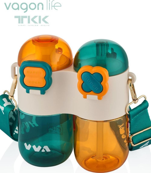 TKK Tek Gövde Çift Hazne 2*400 800ml Sıvı Kapasiteli Boyun Askılı Pipetli /Rahat içim Tritan Matara
