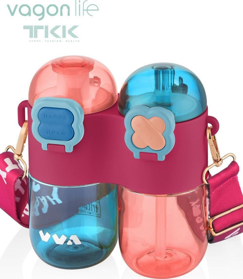 TKK Tek Gövde Çift Hazne 2*400 800ml Sıvı Kapasiteli Boyun Askılı Pipetli /Rahat içim Tritan Matara