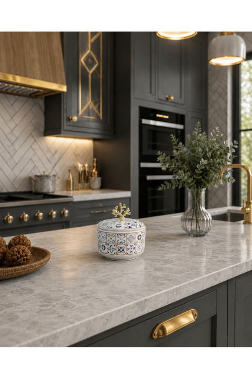Dekoratif 1 Adet Kutu Şekerlik Seramik Obje Ceramic Desen Gold