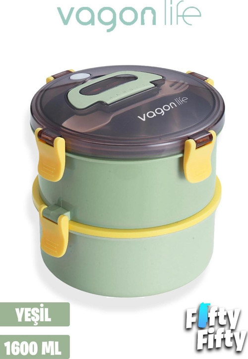 1600 ML İki Kat Yuvarlak Paslanmaz Çelik Bento Lunch Box Yeni Nesil Sefer Tası-ÇatallıKaşık-397