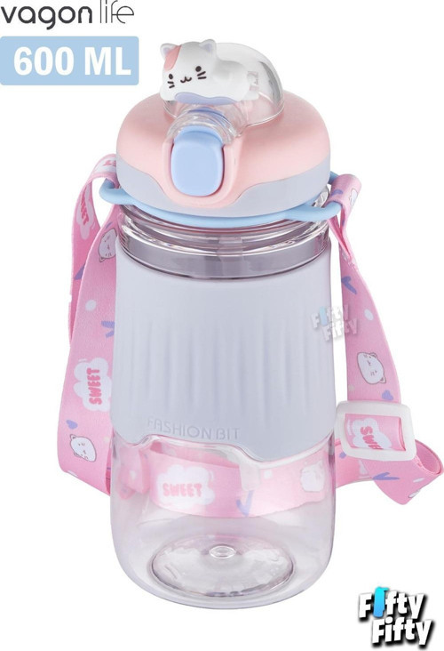 Pipetli 600 ML Boyun Askılı Kaydırmaz Gövde Hayvan Figürlü Çocuk Su Matarası-FFVGN2023600ML