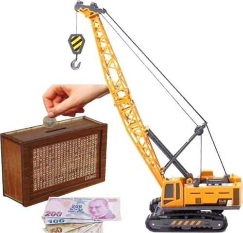 Iş Makinası Vinç Kepçe 35 Cm Excavator Ve Ahşap 10.000 Hedefli Kumbara Para Biriktirme Kutusu