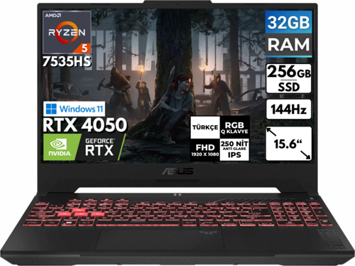 TUF Gaming A15 Ryzen 5-7535HS 32 GB 256 GB SSD RTX4050 15.6'' FHD Windows 11 Home FA507NU-LP157 BT27