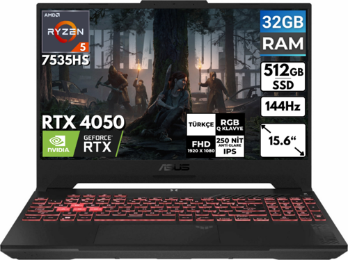 TUF Gaming A15 Ryzen 5-7535HS 32 GB 512 GB SSD RTX4050 15.6'' FHD Freedos FA507NU-LP157 BT7