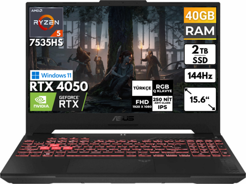 TUF Gaming A15 Ryzen 5-7535HS 40GB 2 TBSSD RTX4050 15.6'' FHD Windows 11 Pro FA507NU-LP157 BT68