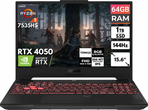 TUF Gaming A15 Ryzen 5-7535HS 64 GB 1 TBSSD RTX4050 15.6'' FHD Freedos FA507NU-LP157 BT14