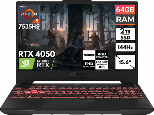 TUF Gaming A15 Ryzen 5-7535HS 64 GB 2 TBSSD RTX4050 15.6'' FHD Freedos FA507NU-LP157 BT19