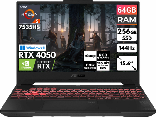 TUF Gaming A15 Ryzen 5-7535HS 64 GB 256 GB SSD RTX4050 15.6'' FHD Windows 11 Pro FA507NU-LP157 BT54