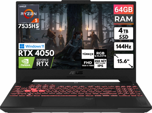 TUF Gaming A15 Ryzen 5-7535HS 64 GB 4 TBSSD RTX4050 15.6'' FHD Windows 11 Home FA507NU-LP157 BT49