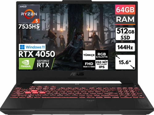 TUF Gaming A15 Ryzen 5-7535HS 64 GB 512 GB SSD RTX4050 15.6'' FHD Windows 11 Home FA507NU-LP157 BT34