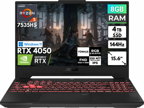 TUF Gaming A15 Ryzen 5-7535HS 8 GB 4 TBSSD RTX4050 15.6'' FHD Windows 11 Home FA507NU-LP157 BT45