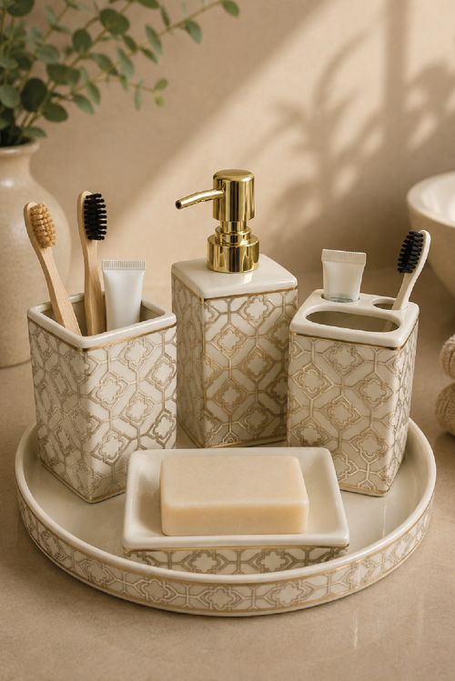 5 Parça Seramik Banyo Seti Beyaz-Gold Desenli HZ034-1