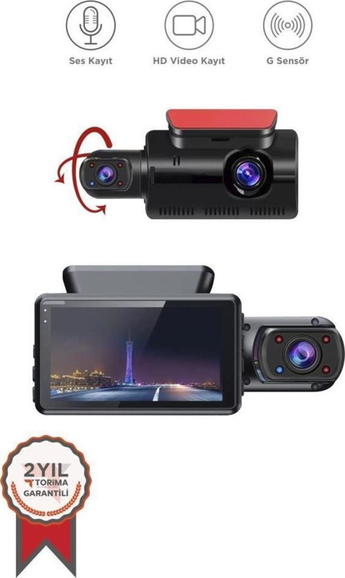 TA-03 Siyah 1296p Araç içi 2 Kameralı Lcd Ekranlı Gece Görüşlü , G-sensörlü Yol Kayıt Araç Kamerası