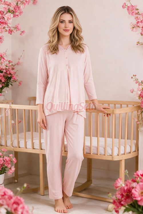 Bebe Pembe Renkli Dantel Detaylı, 33201 Uzun Kol, 2 Parça Lohusa Hamile Pijama Takımı