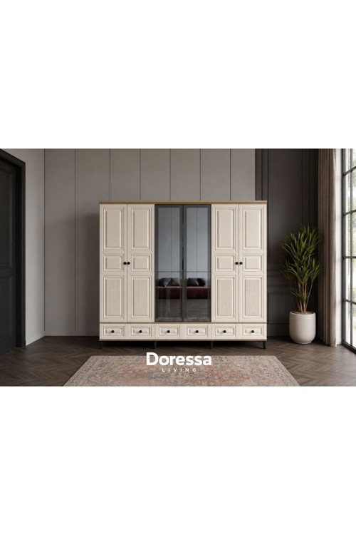 Doressa Home Merz Walnut 6 Kapılı Camlı Gardırop