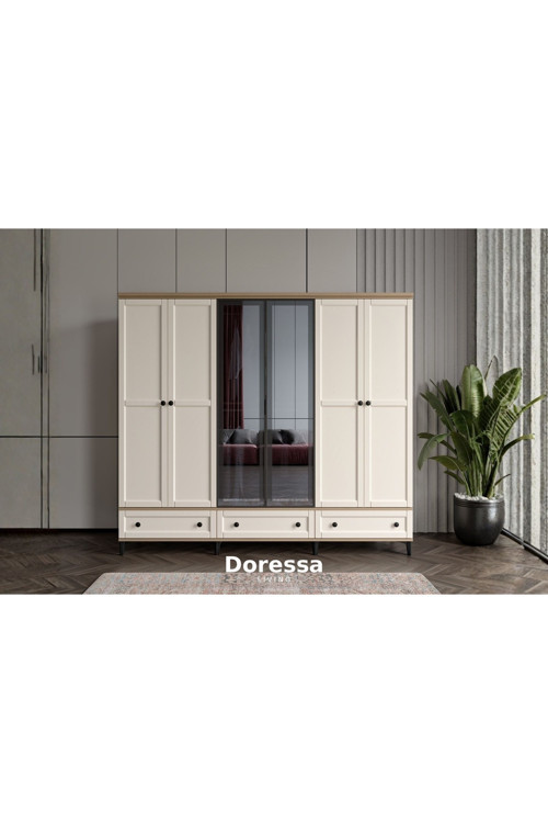 Doressa Home Duns Walnut 6 Kapılı Camlı Gardırop
