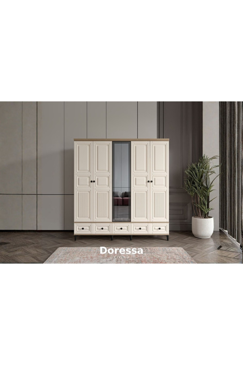 Doressa Home Merz Walnut 5 Kapılı Camlı Gardırop