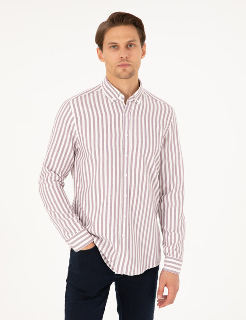 Mor Regular Fit Çizgili Uzun Kollu Gömlek 50295253-VR038