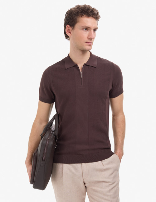Koyu Kahverengi Slim Fit Polo Yaka Fermuarlı Triko Tişört 50320793-VR084