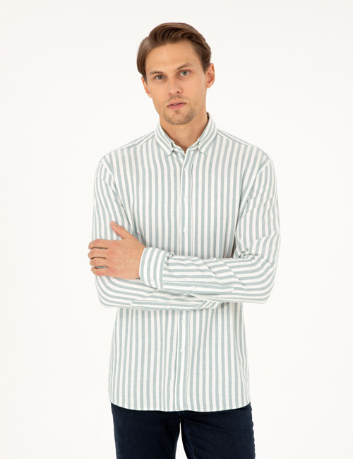 Yeşil Regular Fit Çizgili Uzun Kollu Gömlek 50295253-VR054