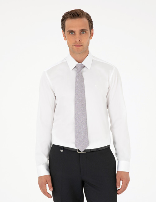 Beyaz %100 Pamuk Parlak Saten Slim Fit Uzun Kollu Basic Gömlek 50292520-VR013