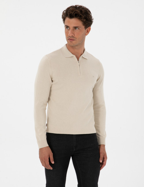 Krem Melanj Slim Fit Polo Yaka Fermuarlı Basic Triko Kazak 50315406-VR159