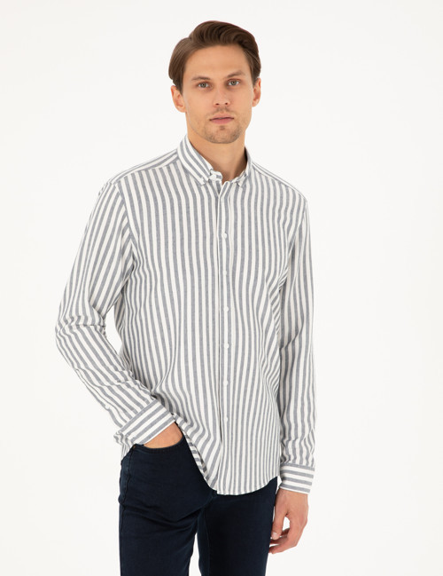 Lacivert Regular Fit Çizgili Uzun Kollu Gömlek 50295253-VR033