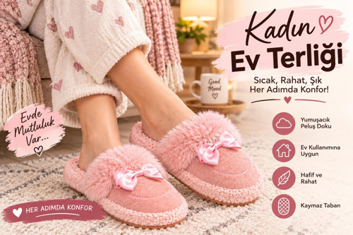 Kadın Peluş Ev Terliği Fiyonklu Yumuşak Tabanlı Sıcak Kışlık Ev Ayakkabısı – Pembe**
