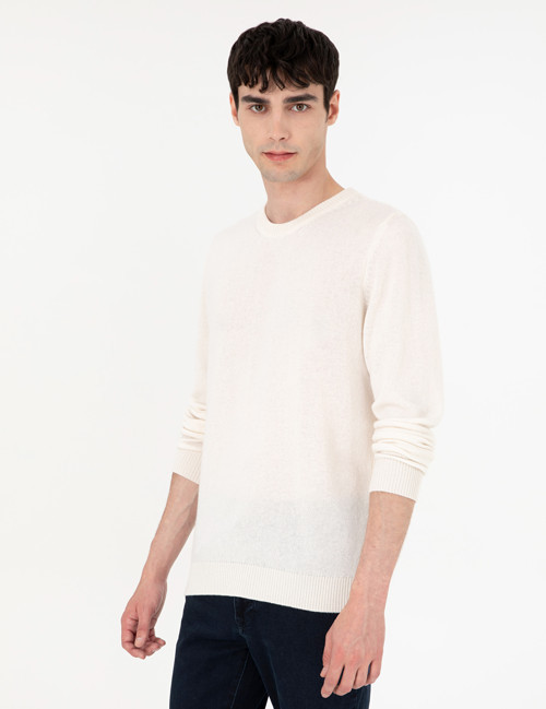 Ekru Slim Fit Bisiklet Yaka Kaşmir Triko Kazak 50303471-VR019