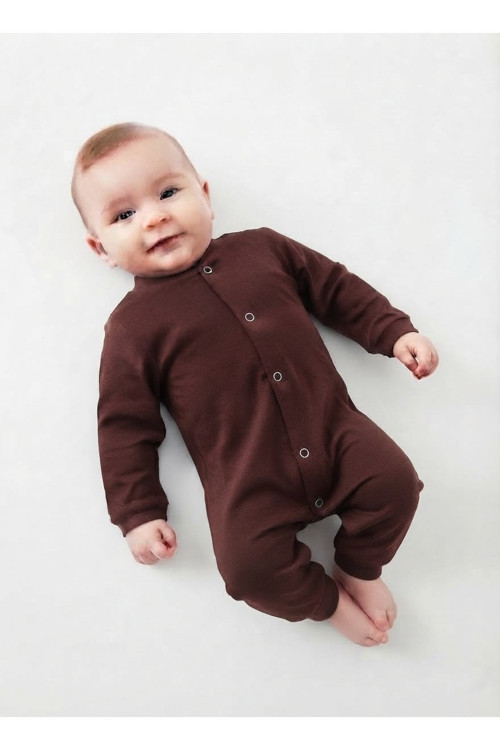 Hakim Yaka Düğmeli Soft Penye Karışımlı Yumuşak Dokulu Unisex Yeni Doğan ve Bebek Tulumu - Günlük Rahat Mürdüm Giyim
