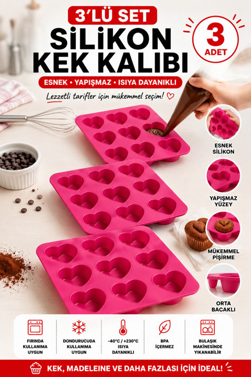 3 Adet 9'lu Kalp Şekilli Silikon Kek ve Çikolata Kalıbı - Pembe Mini Muffin ve Lokmalık Tatlı Kalıbı