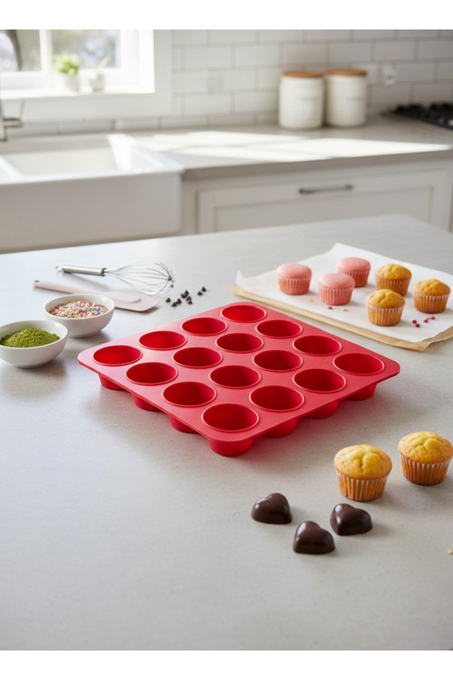 16 Gözlü Silikon Makaron, Mini Kek ve Çikolata Kalıbı - Yanmaz Yapışmaz Muffin Tepsisi