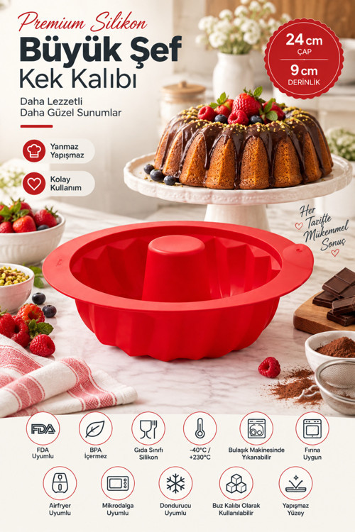 Premium Silikon Büyük Şef Kek Kalıbı 24 cm - Yuvarlak Dilimli Yapışmaz Kek Kalıbı 9 cm Derinlik - Kırmızı