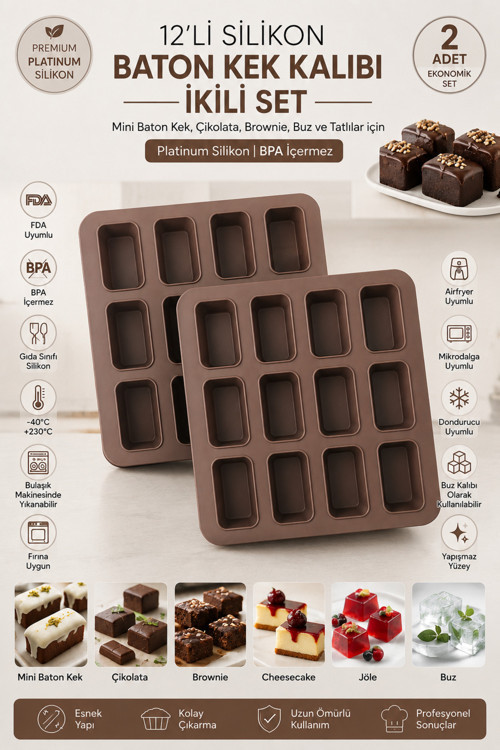 2'li SET 12'li Silikon Baton Kek Kalıbı 25x25x3 cm | Platinum Silikon Mini Baton Kek, Brownie, Çikolata, Cheesecake, Granola Bar, Buz ve Tatlı Kalıbı | BPA İçermez