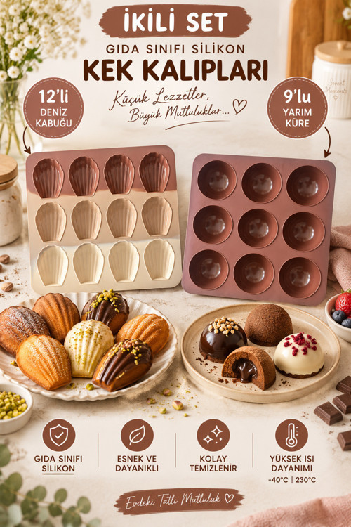 2 Model Set Silikon Kek Kalıbı (12'li Deniz Kabuğu ve 9'lu Yarım Küre) Kek ve Çikolata Kalıbı