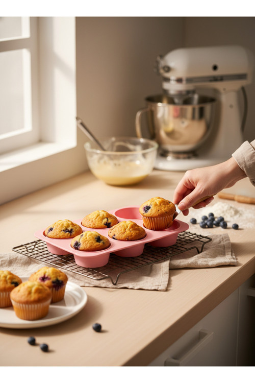 6'lı Silikon Düz Muffin ve Cupcake Kalıbı - Yapışmaz Tek Parça Esnek Kek Kalıbı 25x16 cm