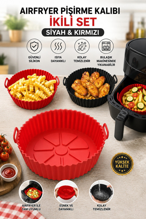 2'li Fritöz Airfryer Silikon Pişirme Kabı Seti - Yanmaz Yapışmaz Isıya Dayanıklı Hava Fritözü Aksesuarı (20 cm)