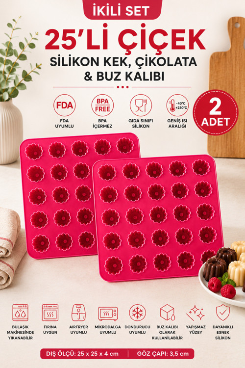 2 Adet 25 Gözlü Çiçek Form Silikon Kek Kalıbı 5x5 Dizilim Pembe Çikolata Buz ve Mini Tatlı Kalıbı