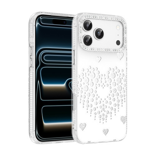 iPhone 17 Pro Kılıf Damla Taşlı Kalp Desenli Rivas Sert PC Kapak