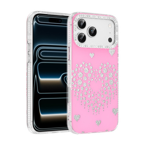 iPhone 17 Pro Kılıf Damla Taşlı Kalp Desenli Rivas Sert PC Kapak