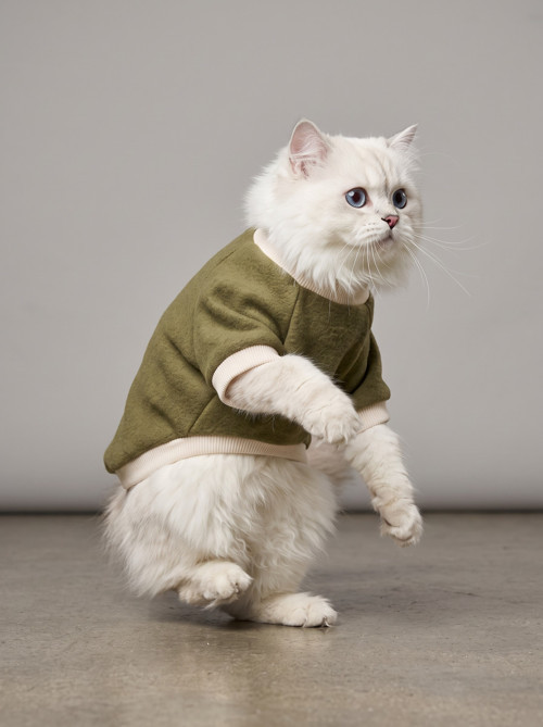 Natura Kedi Polar Sweatshirt | Kapüşonsuz Yumuşak Polar Kedi Kıyafeti | Nefti Yeşil
