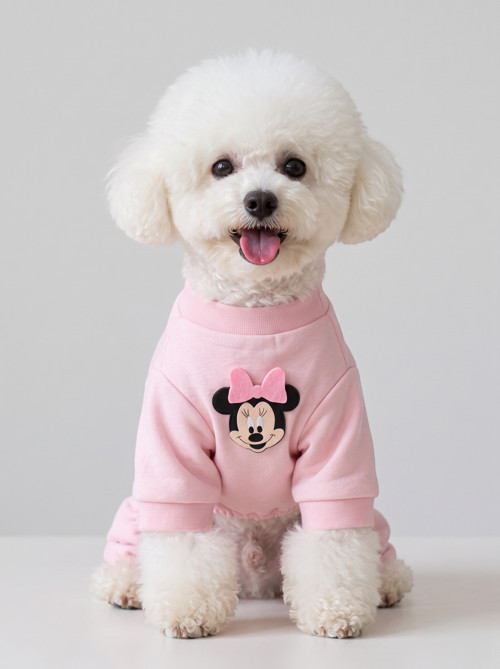 Pinkie Mouse Köpek Tulumu | Pembe Kalın Penye Köpek Kıyafeti | Sevimli Fare ve Kurdele Detaylı