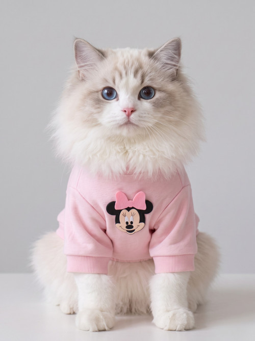 Pinkie Mouse Kedi Tulumu | Pembe Kalın Penye Kedi Kıyafeti | Sevimli Fare ve Kurdele Detaylı