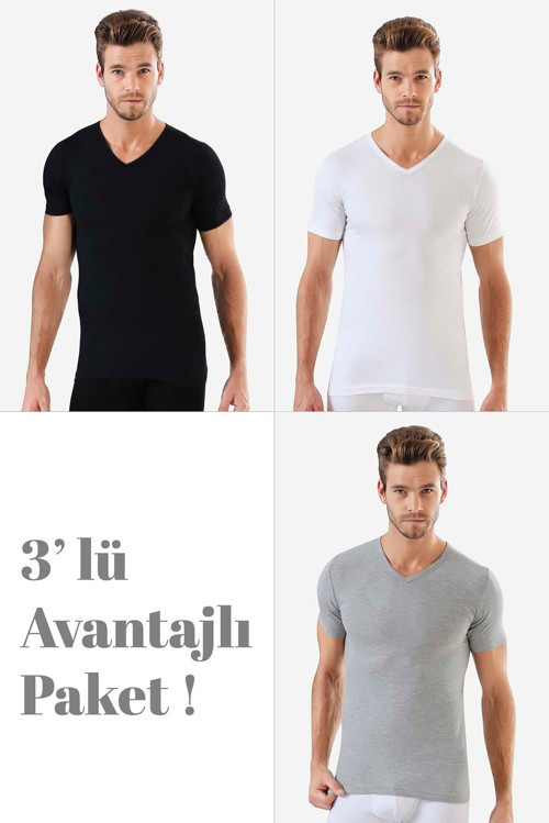 Erkek V Yaka Kısa Kollu Fanila %100 Pamuk Penye 3'lü Set
