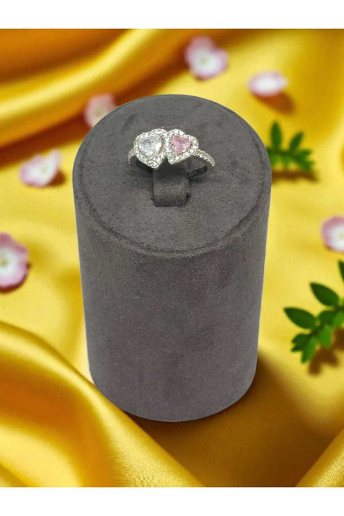 925 Ayar Gümüş Çift Kalpli Pembe ve Beyaz Taşlı Yüzük – Romantik ve Zarif Tasarım