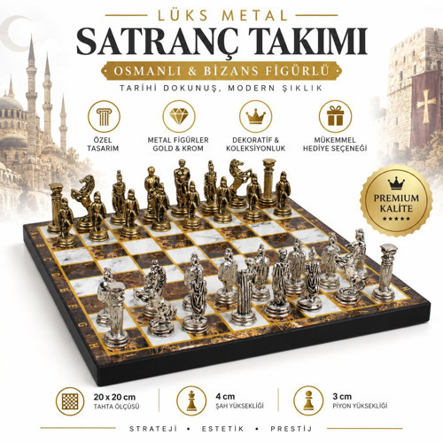 Lüks Metal Satranç Takımı Osmanlı Bizans Figürlü Krom Kehribar Mermer Desenli 20 x 20 Premium Hediye